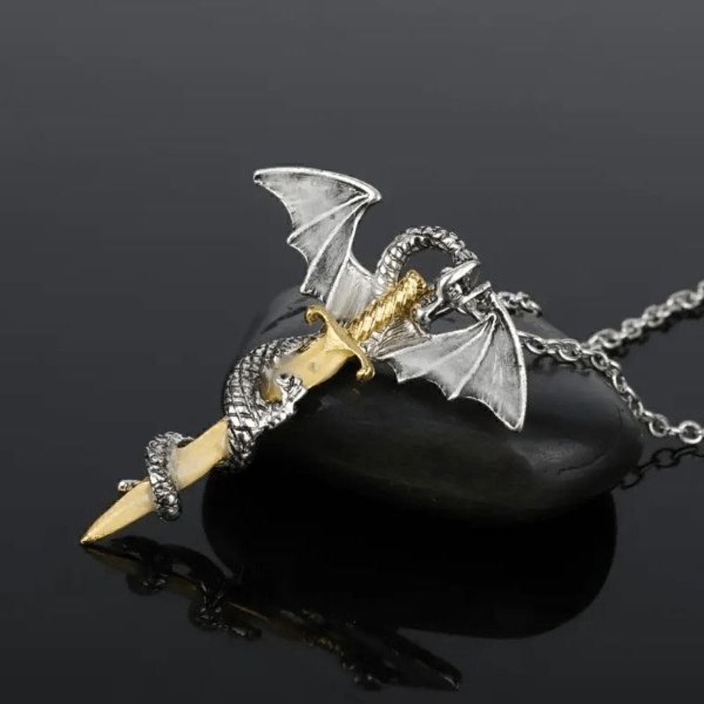 Flying Dragon Golden Sword Stainless Steel Pendant Necklace - Picture 2 of 5